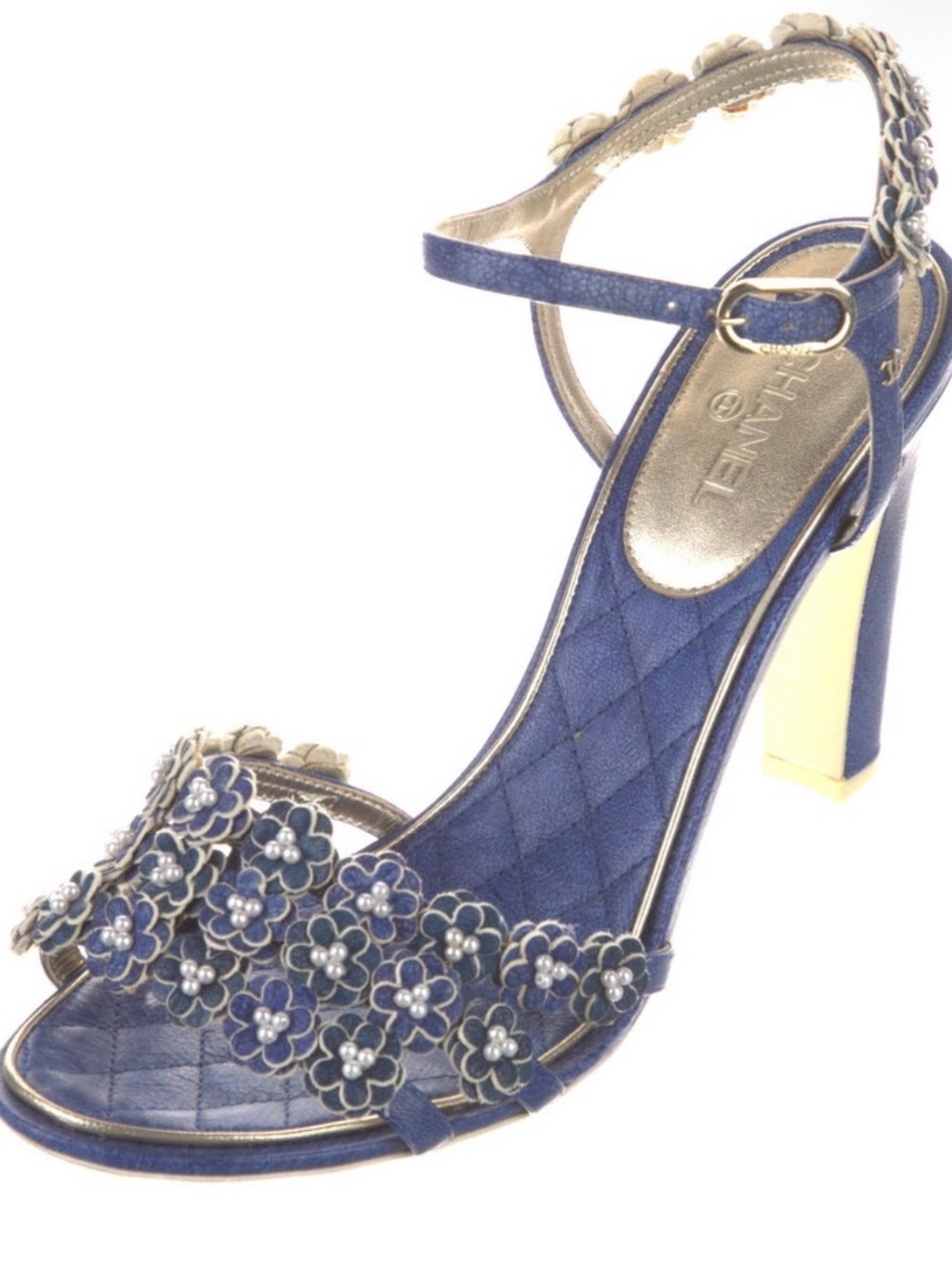 CHANEL quilted leather Navy Floral Appliqué heels/heeled sandals, 40 (fits 9.5)
